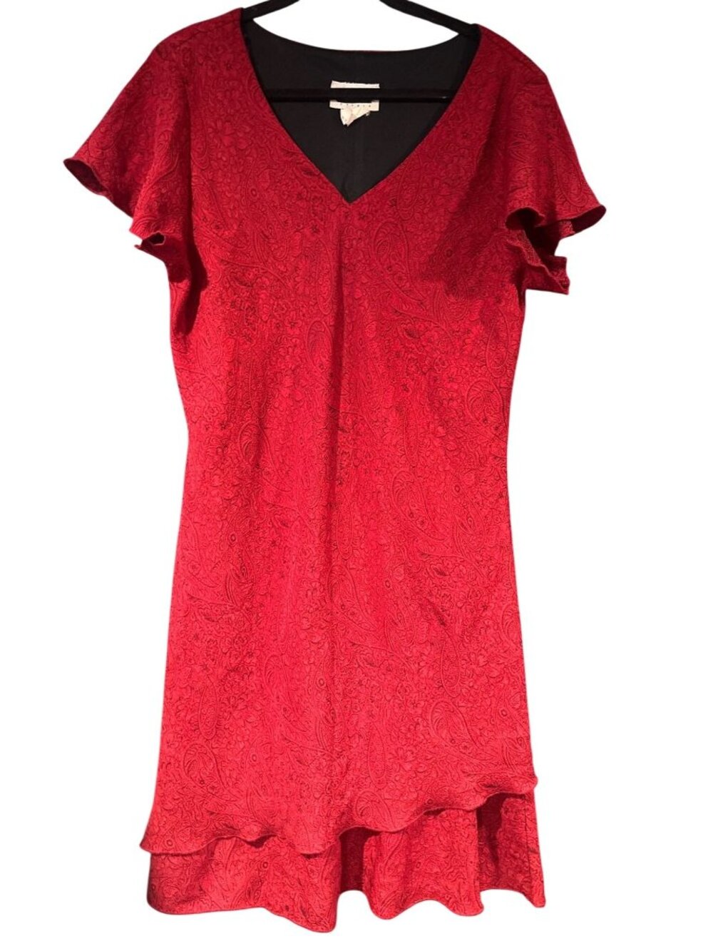 Vintage En Focus Studio Women 18 Red Paisley Ruffle Dress Made USA Romantic 90s